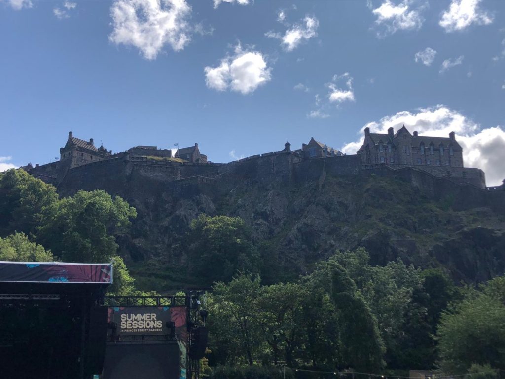 Summer Sessions stage looking up to Edinburgh Castle in summer