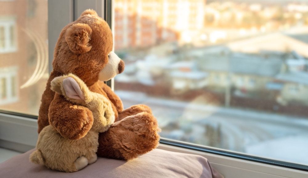 two teddies cuddling on a windowsill looking outside