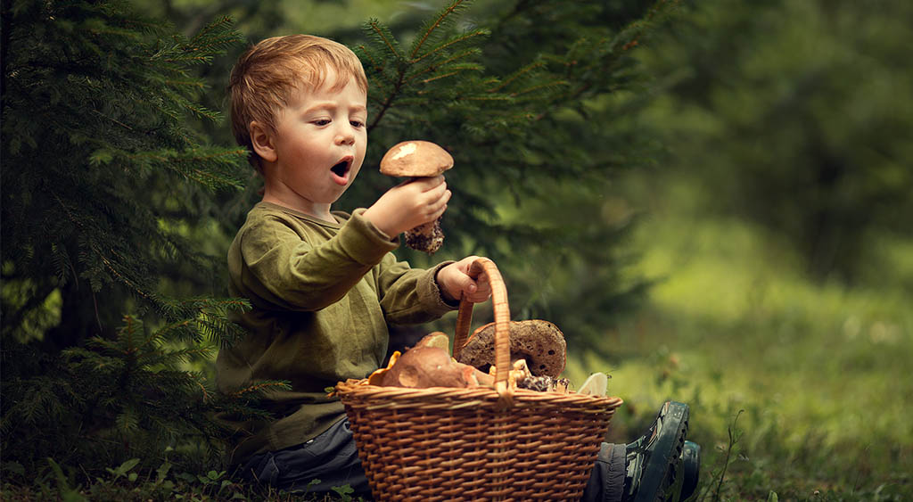 a child amazed at a mushroom