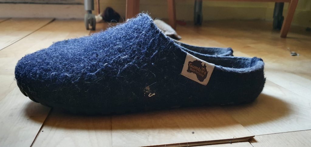 Blue Gumbies slippers side view with logo